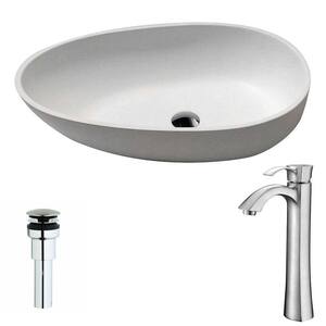 Trident 1-Piece Man Made Stone Vessel Sink in Matte White with Harmony Faucet in Brushed Nickel