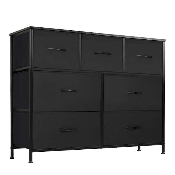 7-Drawer Black Fabric Dresser, Storage Cabinet Organizer with Waterproof Top and Adjustable Metal Legs