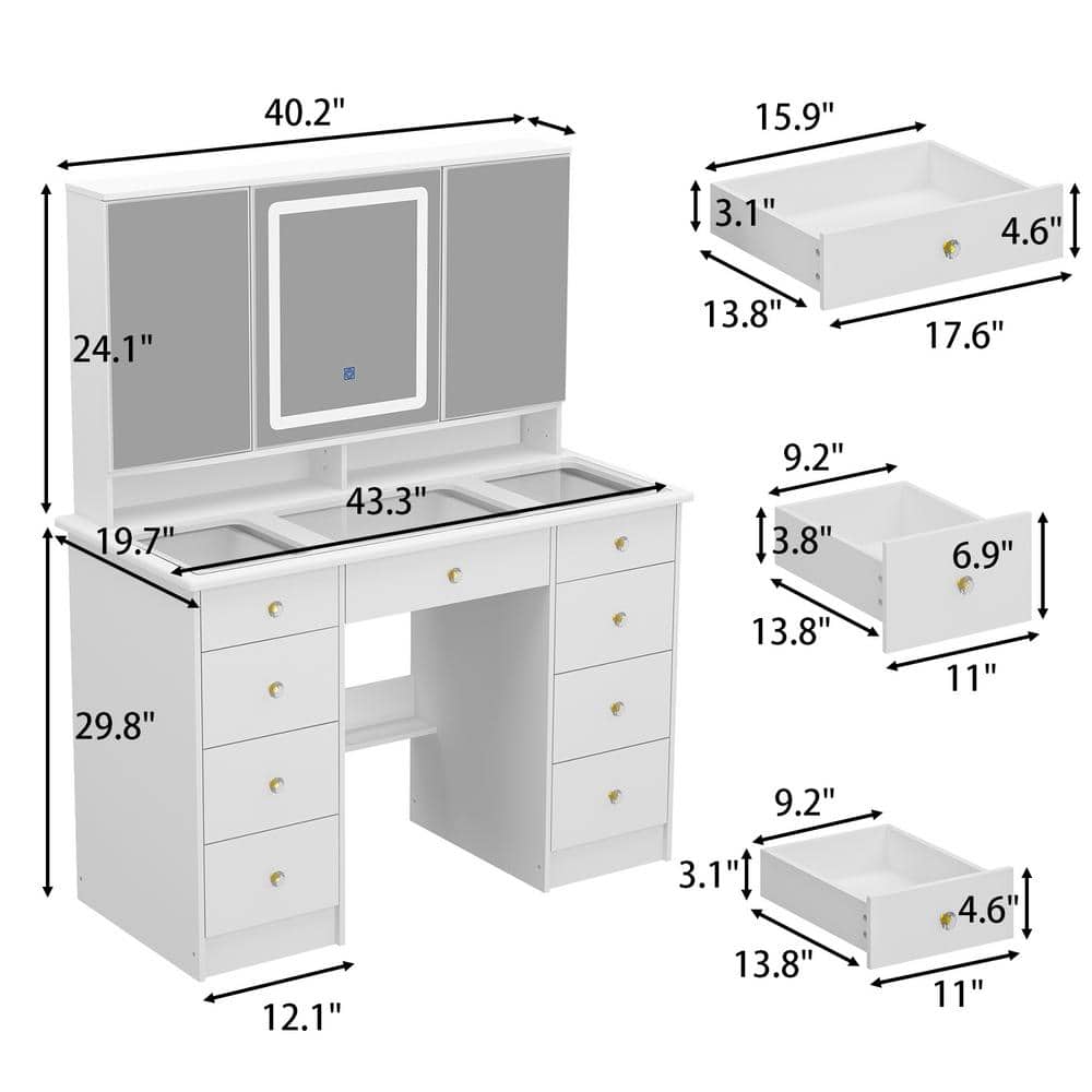 White Makeup Vanity Desk 9 Drawers Wood Dressing Table With 3 Mirrors, Glass Top, Hidden Storage Shelves, LED Lighted - thumbnail 3