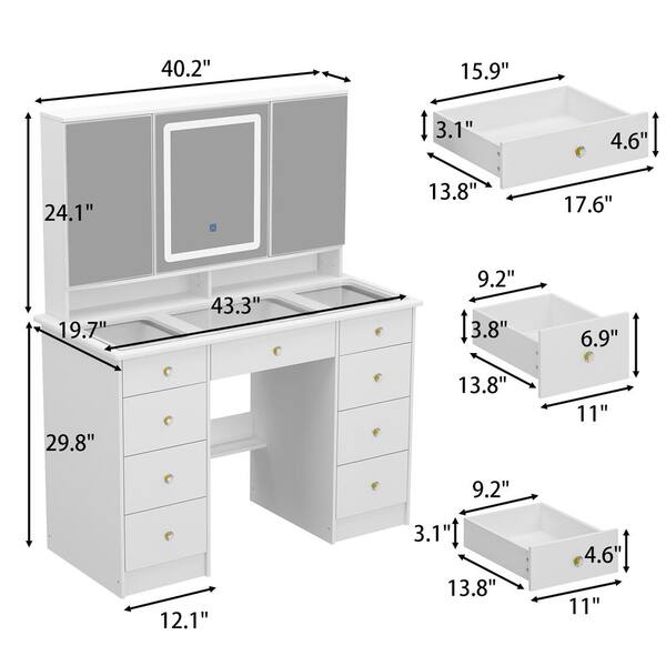 VC 13 DRAWER VANITY TABLE - GLASS TOP/WHITE DRAWERS - OPTION TO