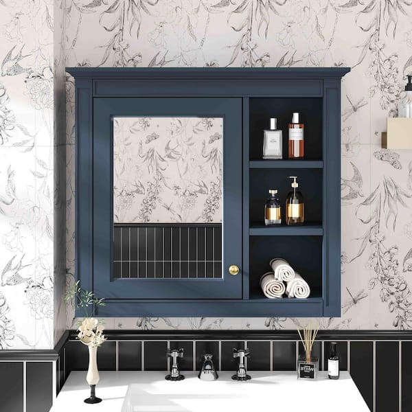 29.92 in. W x 28 in. H Rectangular MDF Medicine Cabinet in Blue with Mirror and 3-Open Shelves
