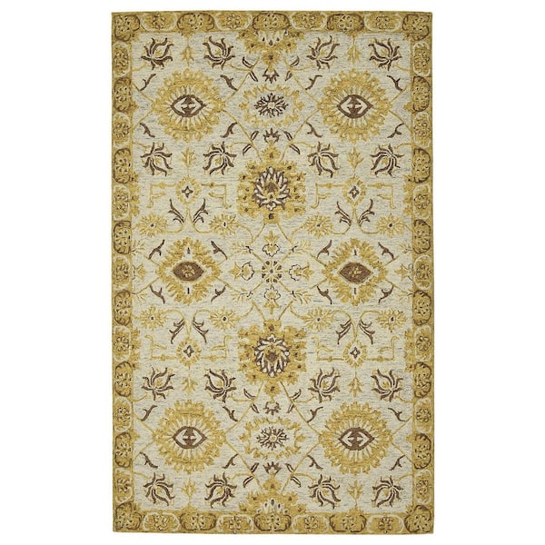 8 ft. x 10 ft. Gold Beige and Brown Wool Floral Medallion Hand Hooked Area Rug