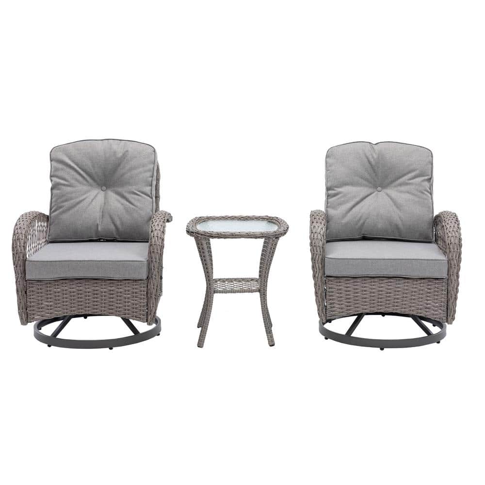 3 Piece Grey Wicker Steel Steel Outdoor Rocking Chair with Thickened Cushio