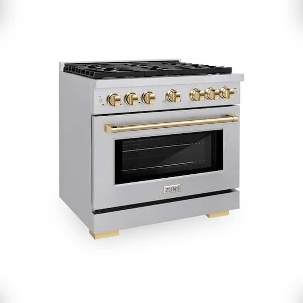 ZLINE Kitchen and Bath Autograph Edition 36 in. 6-Burner Freestanding Gas Range and Convection Oven in Stainless Steel and Polished Gold