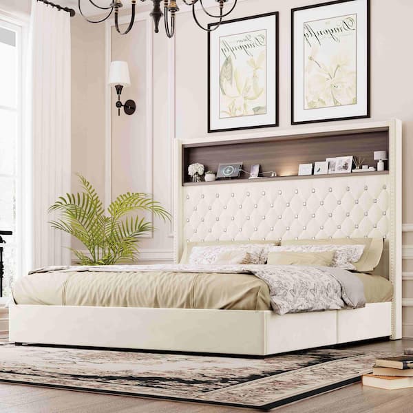 Beige MDF Frame Queen Platform Bed with USB Port ,Night Light and Headboard Shelf