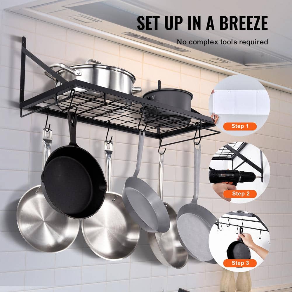 Black 24-Inch Wall-Mounted Metal Pot Rack with 12 Hooks