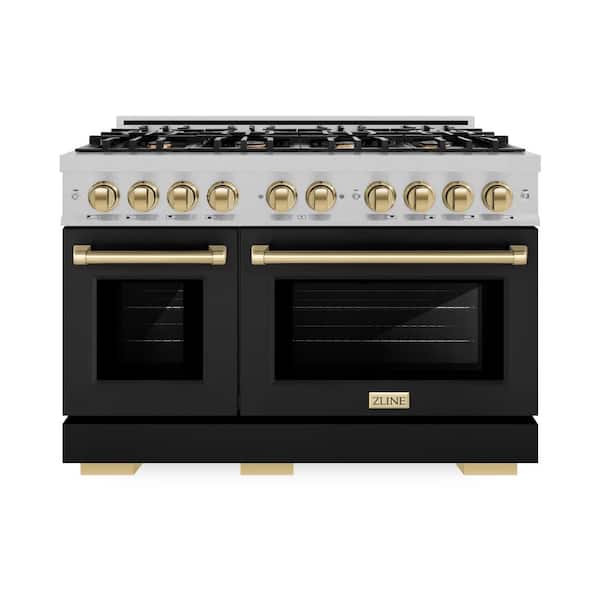 ZLINE Kitchen and Bath Autograph 48 in. Select Double Oven Dual Fuel Range with 8 Burners in Satin Steel with Black Doors and Bronze Accents
