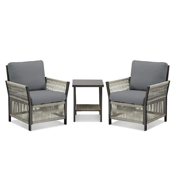 3-Piece Wicker Patio Conversation Set Outdoor Lounge Chairs and Side Table with Dark Gray Cushions