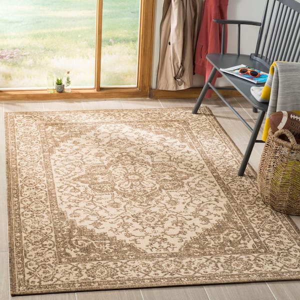 Linden Cream/Beige 4 ft. x 4 ft. Border Antique Medallion Indoor/Outdoor Square Area Rug