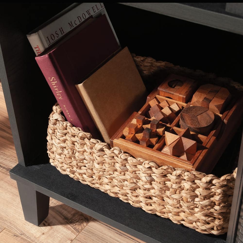 Raven Oak Rectangular Side Table with Storage and Rattan Insert