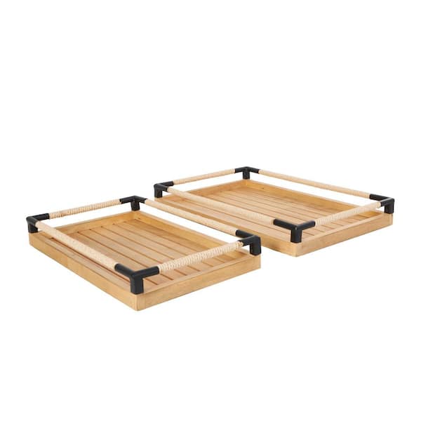 Litton Lane Brown Wood Slatted Decorative Tray with Elevated Woven Sides and Black Metal Corners (Set of 2)
