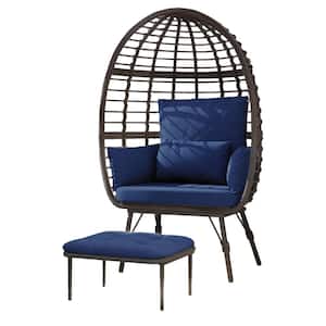 Patio Brown Wicker Indoor/Outdoor Egg Lounge Chair with Ottoman and Blue Cushions
