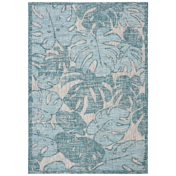 Courtyard Gray/Aqua 9 ft. x 12 ft. Geometric Indoor/Outdoor Patio  Area Rug