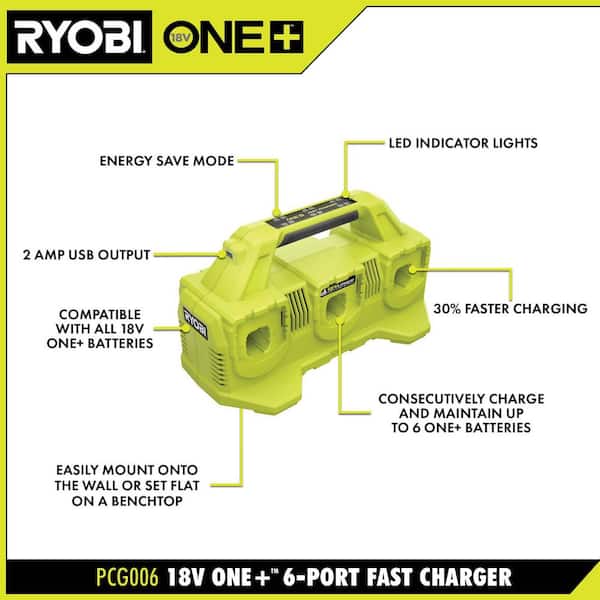 RYOBI P135 18V One+ 6 Port Lithium Ion Battery Supercharger (18V Batteries  Not Included/Charger Only) 
