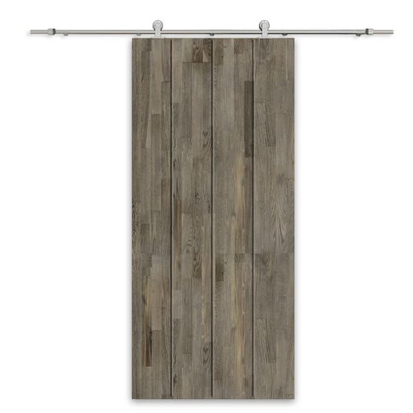 CALHOME 32 in. x 80 in. Weather Gray Stained Pine Wood Modern Interior Sliding Barn Door with Hardware Kit