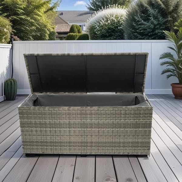 Unbranded 113 Gal. Wicker Outdoor Patio Storage Box Deck Box with Lid for Kids Toys, Pillows, Towels, Gray