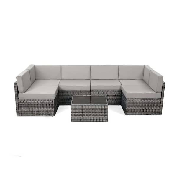 Sudzendf 7-Pieces Gray Wicker Outdoor Sofa Sectional Set with Gray Cushions and Coffee Table
