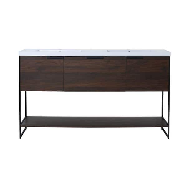 EPOWP 59.1 in. W x 18.3 in. D x 34.3 in. H Bath Vanity in Brown with White Granite Top