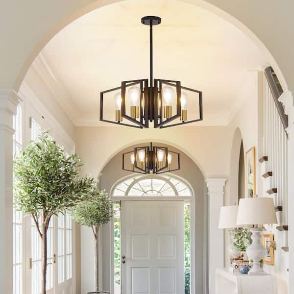 4-Light Gold Farmhouse Chandelier for Kitchen Island, Hanging Industrial Metal Chandelier