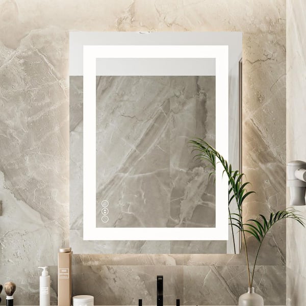 GOGEXX 28 in. W x 36 in. H Sliver Vanity Mirror Frameless Rectangular Smart Touchable Anti-Fog LED Light Bathroom Wall 3-Color