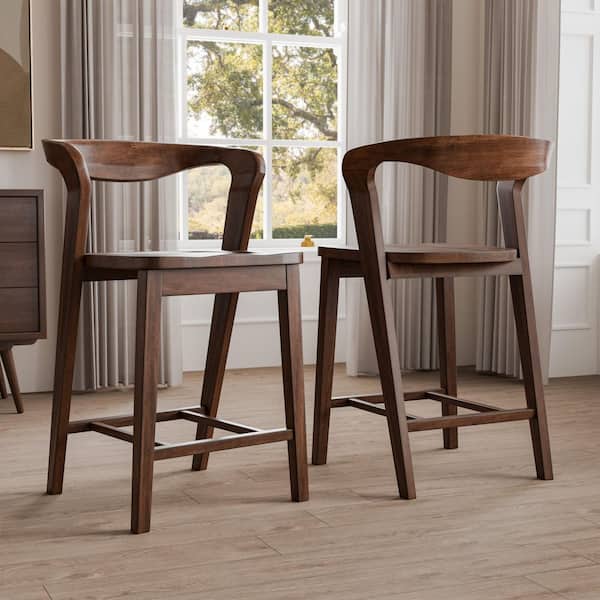 Shelun III Rich Walnut Wood Curved Back Robust Counter Height Dining Chair (Set of 2)