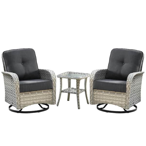 Clara 3-Piece Wicker Outdoor Patio Conversation Swivel Chair Set with a Side Table and Black Cushions