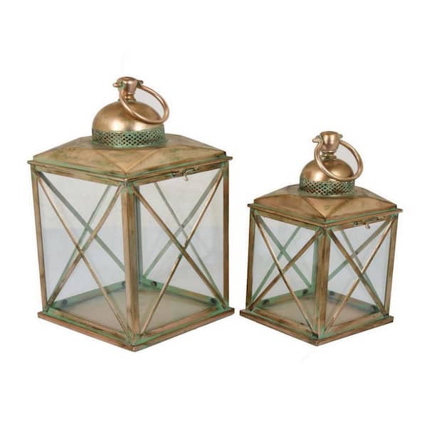 Benjara Copper Decorative Lantern with Glass Panel and Cross Metal Frame (Set of 2)