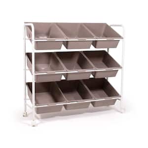 Essentials 9-Bin Plastic Rolling Storage Organizer with White Metal Frame in Taupe, 36 in. W x 34 in. D x 14 in. H