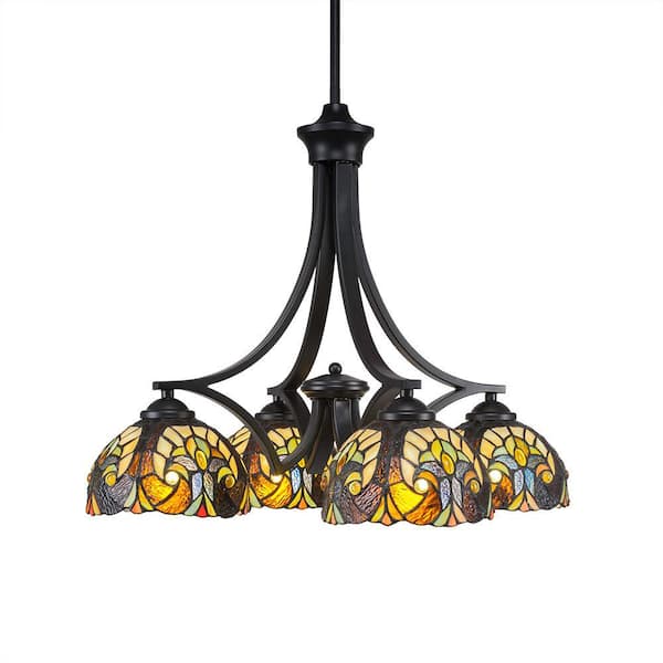 Unbranded Clevelend 4-Light Matte Black Chandelier, Round Chandelier with 7 in. Cypress Art Glass Glass Shades, No bulbs included