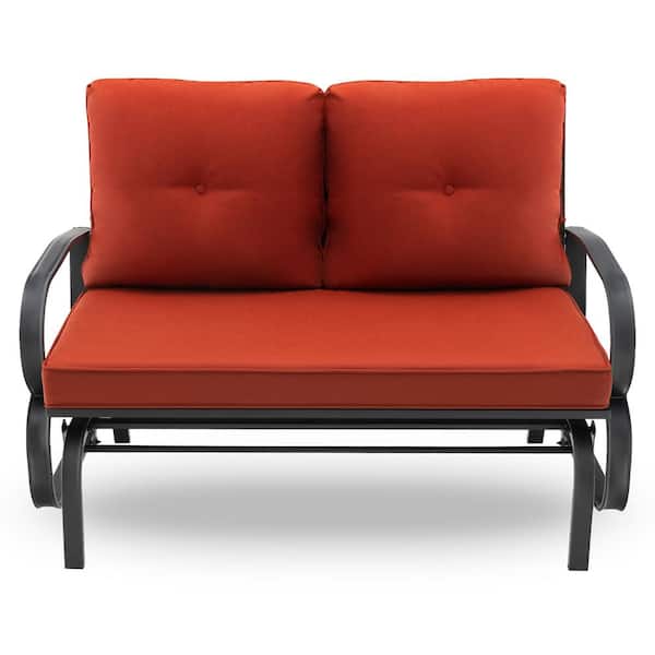 Costway 2-Person Metal Outdoor Glider Bench Rocking Loveseat Armrest with Red Cushions