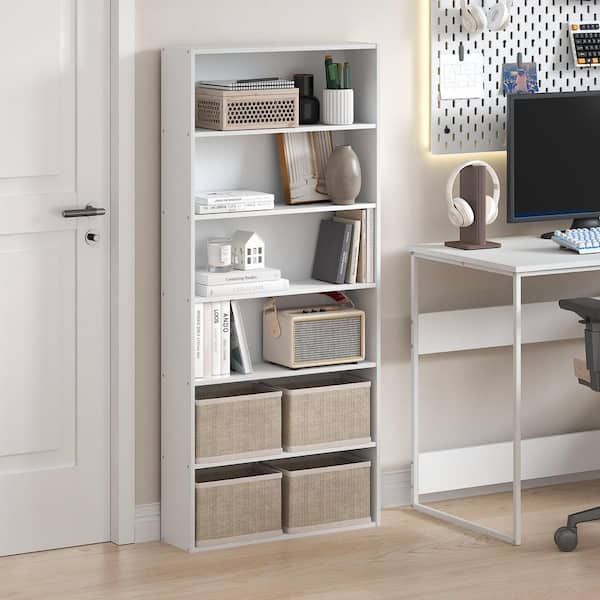 Basic 52.76 in. Tall White Wood 6-Shelf Bookcase with Open Shelf