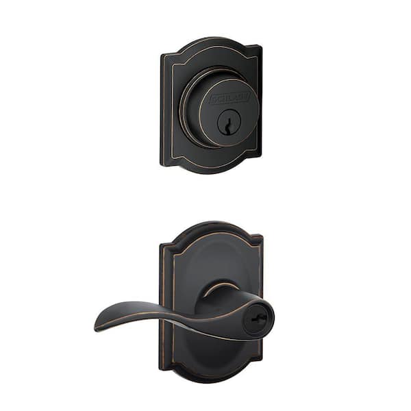 Schlage Accent Aged Bronze Single Cylinder Deadbolt and Keyed Entry Door Handle with Camelot Trim Combo Pack