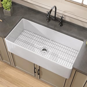 36 in. Apron Front Rectangular Kitchen Sinks Single Bowl White Fireclay Drop In Sink Farmhouse Sink with Bottom Grid