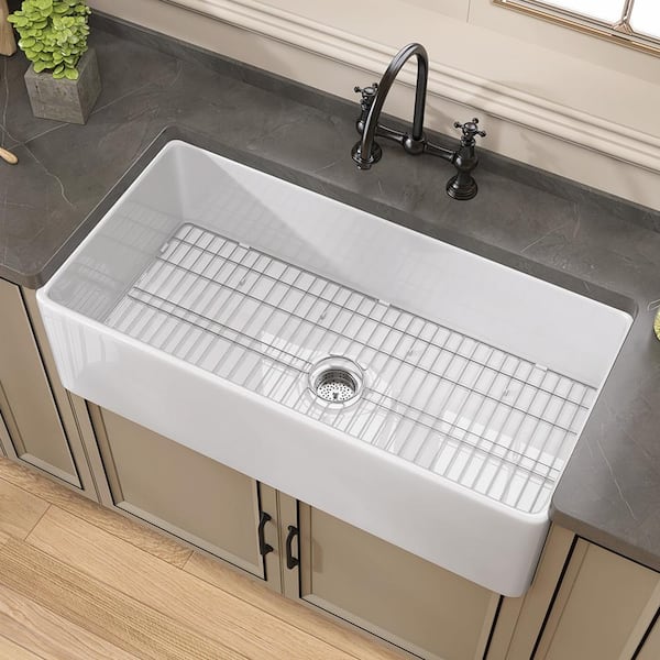 NTQ 36 in. Apron Front Rectangular Kitchen Sinks Single Bowl White Fireclay Drop In Sink Farmhouse Sink with Bottom Grid