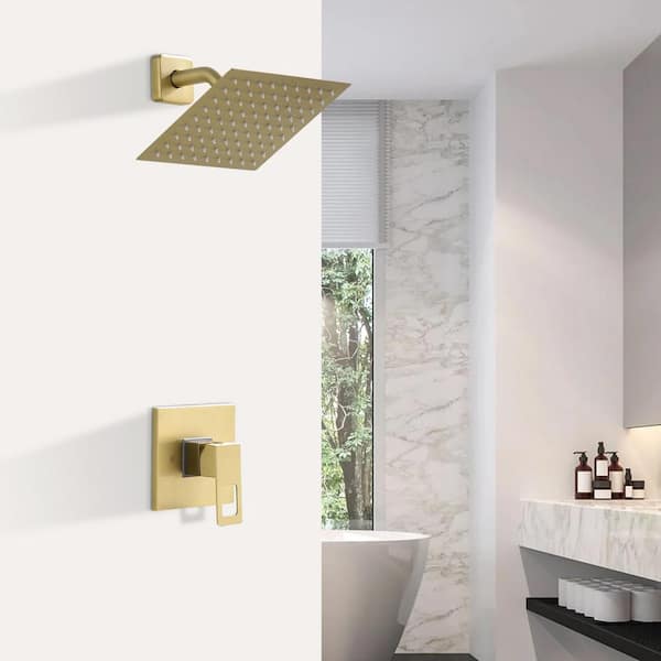 1-Spray Patterns with 1.5 GPM 8 in. Wall Mount Rain Fixed Shower Head in Brushed Gold
