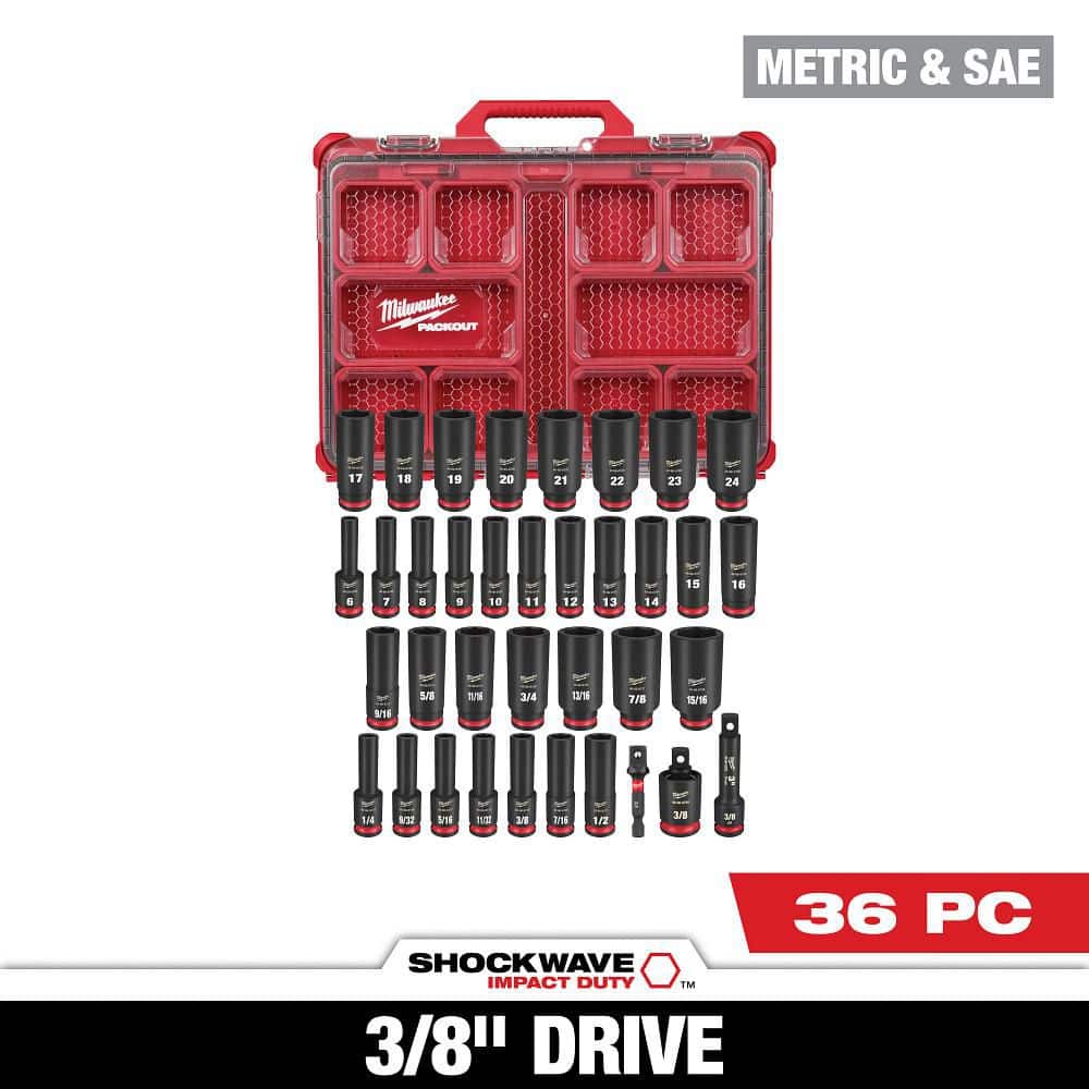 Milwaukee SHOCKWAVE Impact-Duty 3/8 in. Drive Metric and SAE Deep Well Impact PACKOUT Socket Set (36-Piece) 49-66-6805 - The Home Depot