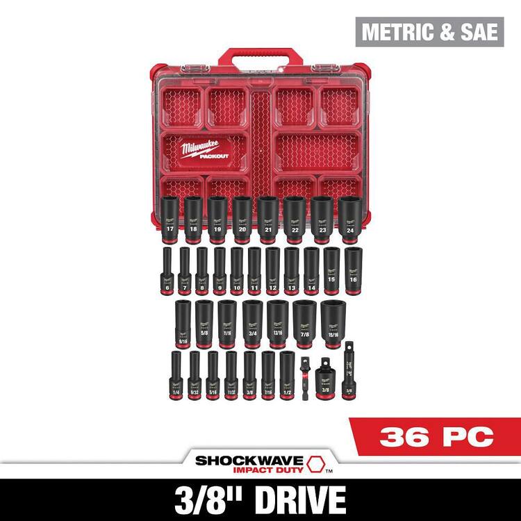 Milwaukee SHOCKWAVE Impact-Duty 3/8 in. Drive Metric and SAE Deep Well Impact PACKOUT Socket Set (36-Piece)