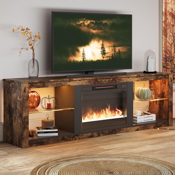 70.8 in. Fireplace TV Stand Fits TV's Up to 75 in. Entertainment Center with Adjustable Shelves & LED in Rustic Brown