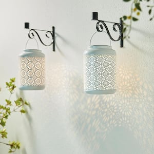 8.75 in. H White Metal Cutout Flower Solar Powered Outdoor Hanging Lantern with LED Light(Set of 2)