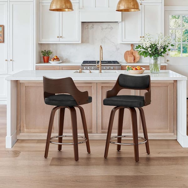 Gaspa 26 in. Black Premium Faux Leather Swivel Bar Stool with Solid Walnut Wood Frame and Open Back Support Set of 2