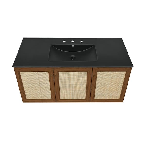Classe 48 in. Wall-Mounted Bathroom Vanity in Brown Oak with Black Ceramic 3-Hole Widespread Sink Top