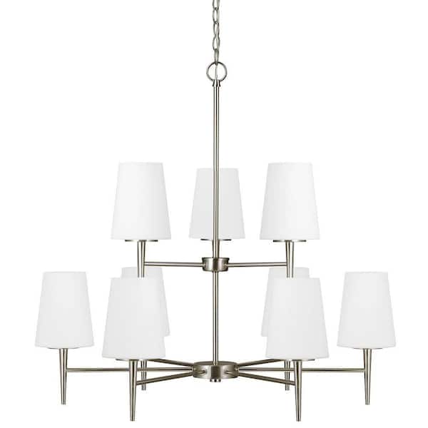 Generation Lighting Driscoll 9-Light Brushed Nickel Mid-Century Modern Hanging Multi Tier Chandelier with Etched White Glass Shades