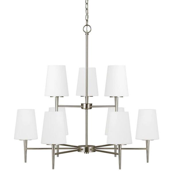 Generation Lighting Driscoll 9-Light Brushed Nickel Fluorescent Chandelier with Inside White Painted Etched Glass