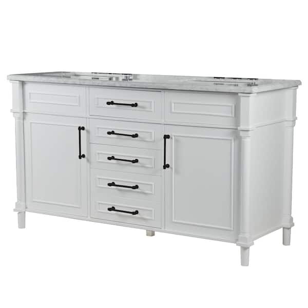 Bellaterra Home 60 in. W x 22 in. D Double Vanity in White with White Marble Top with White Rectangular Basins and Black Hardware