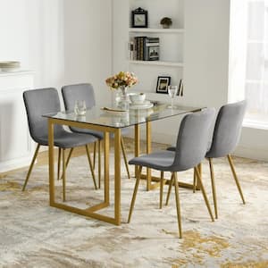 Dark Grey 5-Piece Elegant Dining Set with Tempered Glass Top Gold Leg Table and Fabric Upholstered Chairs (Seat 4)