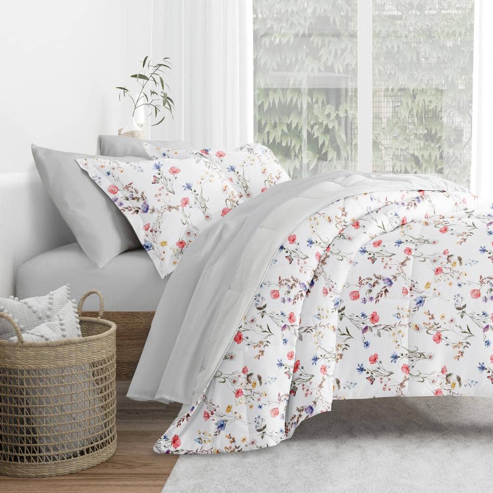 Queen Pink Floral Microfiber Reversible Comforter Set