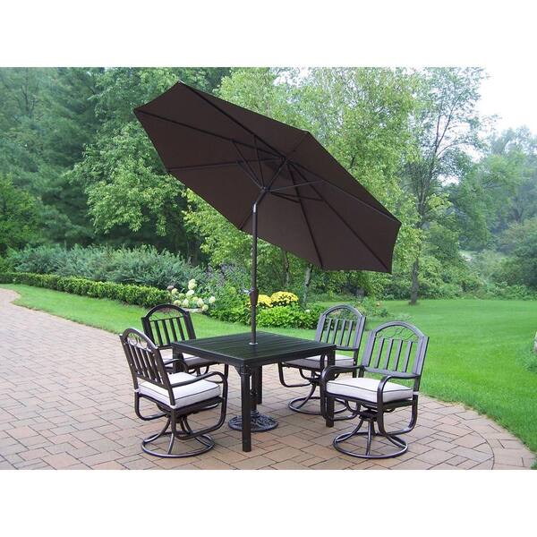 Oakland Living Rochester 5-Piece Swivel Patio Dining Set with Cushions and Brown Umbrella