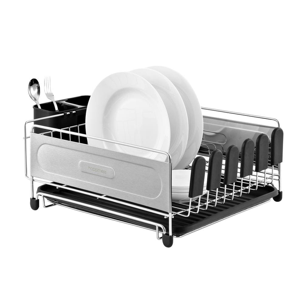 Compact Stainless Steel Dish Rack with Utensil Cup and Wine Glass Holder