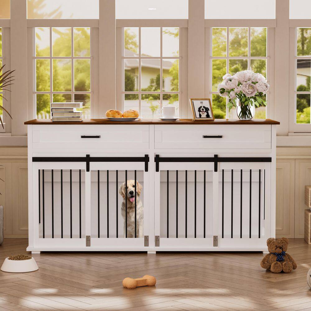 Wooden Dog Crate Furniture For Large Dogs – With 3 Storage Drawers, 2 Sliding Doors, Removable Divider, Classic Brown