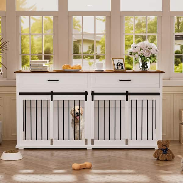 Wooden Dog Crate Furniture Dog Kennel Doghouse Accent Storage Cabinet with 2-Drawers and Divider